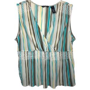 New York & Co. Sleeveless Striped Semi Sheer Ruched V Neck Top Vintage